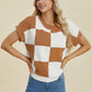 Double Take Full Size Checkered Round Neck Short Sleeve Sweater - Farnelli
