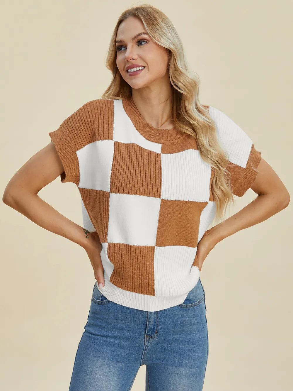 Double Take Full Size Checkered Round Neck Short Sleeve Sweater - Farnelli