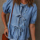Hope Tied Front Bubble Sleeve Peplum Denim Shirt - Farnelli