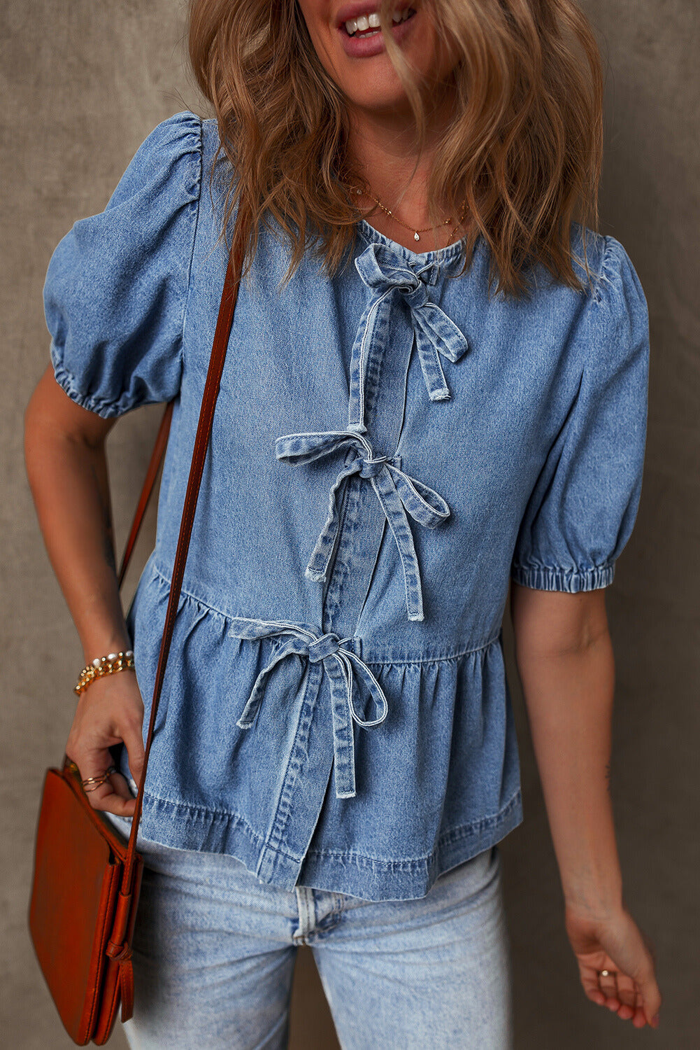 Hope Tied Front Bubble Sleeve Peplum Denim Shirt - Farnelli