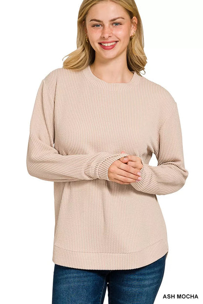 Zenana Full Size Raised Rib Round Neck Long Sleeve Top Plus Size - Farnelli