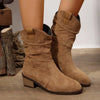 Suede Western Block Heel Ankle Boots - Khaki