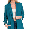 Zenana Woven 3/4 Ruched Sleeve Open Front Classic Blazer - TEAL