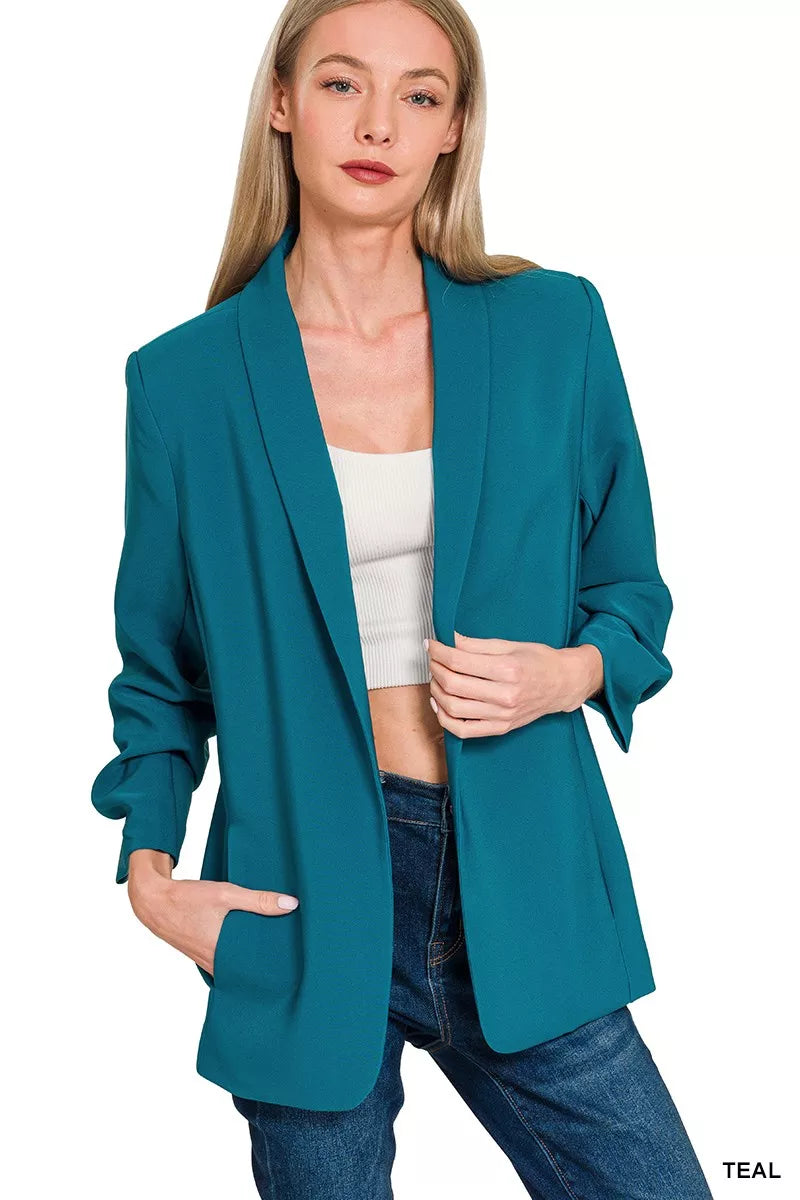 Zenana Woven 3/4 Ruched Sleeve Open Front Classic Blazer - Farnelli