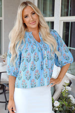 Kinley Floral Shirred Yoke Split Neck Blouse - Farnelli