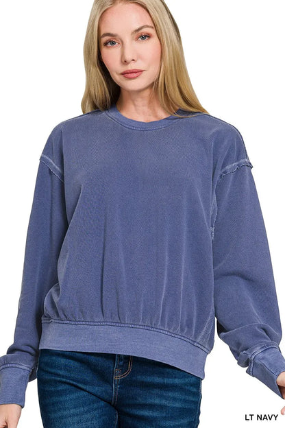 Zenana Soft Fleece Pigment Dye Round Neck Pullover - Farnelli