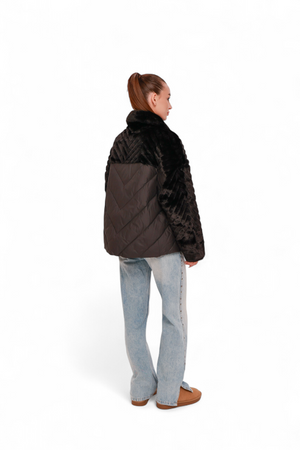 Black Kaia Eco-Fur Down Fill Coat by Alaska® Outerwear Company, featuring eco-fur trim and insulated down filling for warmth.