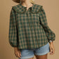Umgee Full Size Plaid Ruffle Collar Blouse Plus Size - Farnelli