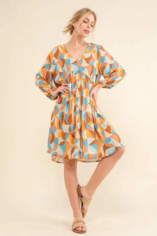 And The Why Printed Open Back Puff Sleeve Casual Dress - Farnelli