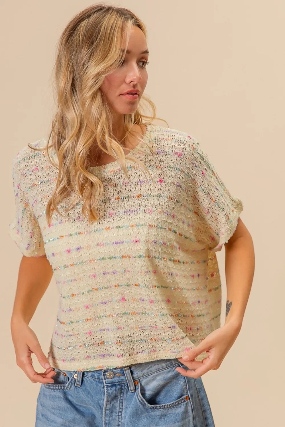 BiBi Striped Popcorn Knit Top - Farnelli