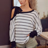 BiBi Stripe Yarn Dye Waffle One Shoulder Ribbon Detail Top - IVORY/BLACK