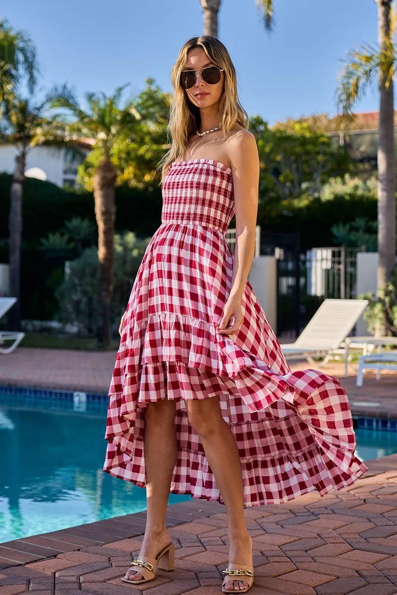 BiBi Smocked Body Off Shoulder Check Dress - Farnelli