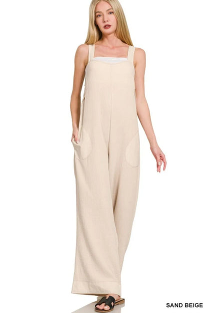 Zenana Double Gauze Washed Wide Leg Overalls - Farnelli