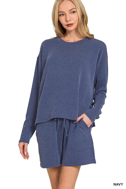 Zenana Corded Rib Long Sleeve Tee and Shorts Set - Farnelli