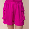 White Birch High Waisted Drawstring Knit Cargo Shorts - Fuchsia