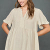 Umgee Full Size Raw Hem Notched Babydoll Linen Blouse Plus Size - OATMEAL
