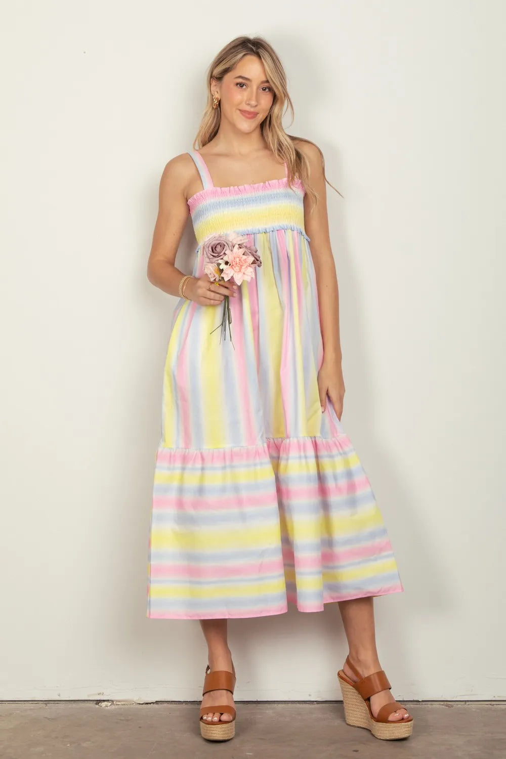 VERY J Striped Woven Smocked Midi Cami Dress - Farnelli