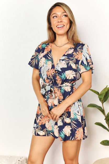 Honey Botanical Print Surplice Neck Tie Waist Romper - Farnelli