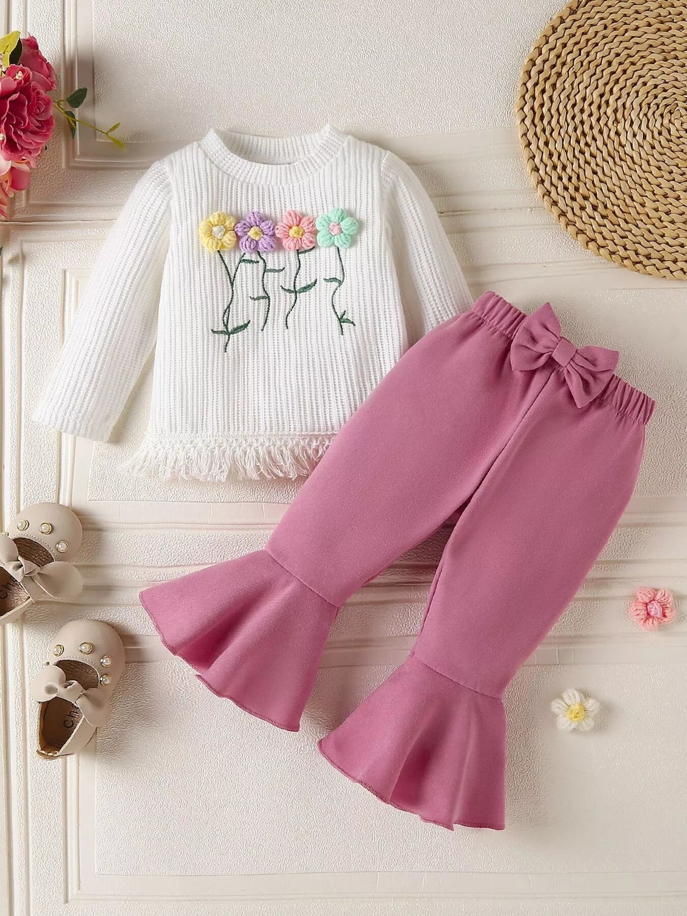 Children's Floral Applique Ribbed Top & Flare Leg Pants Set - Farnelli
