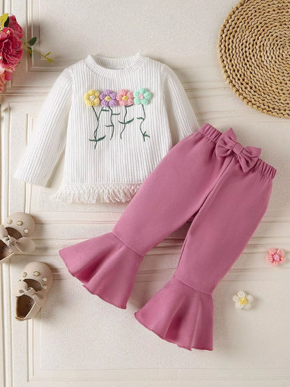 Children's Floral Applique Ribbed Top & Flare Leg Pants Set - Farnelli