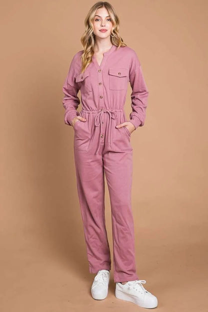 Culture Code Full Size Button Up Drawstring Waist Straight Jumpsuit - Farnelli