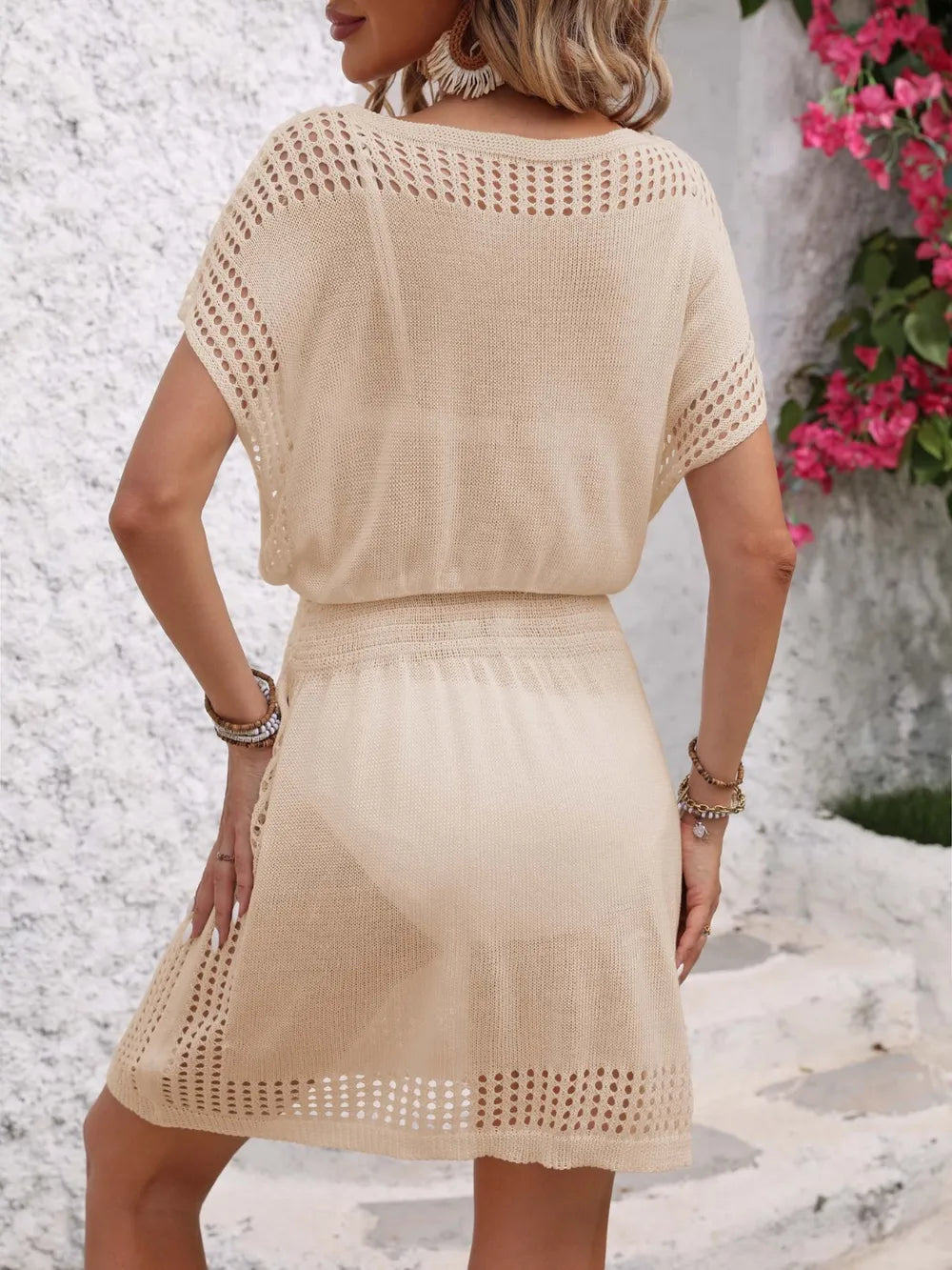 Openwork V-Neck Short Sleeve Cover-Up Dress - Farnelli