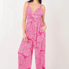 VERY J Printed Pleated Sleeveless Wide Leg Jumpsuit - HOTPINK