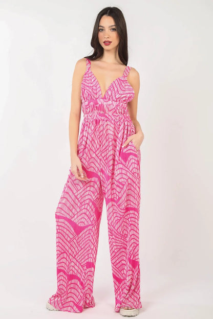 VERY J Printed Pleated Sleeveless Wide Leg Jumpsuit - Farnelli