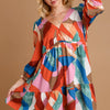 Umgee Abstract V-Neck Tiered Printed Dress - WINE MIX