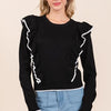 Mittoshop Contrast Trim Ruffled Round Neck Knit Top - Black