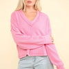VERY J Exposed Seam V-Neck Ribbed Knit Top - Pink