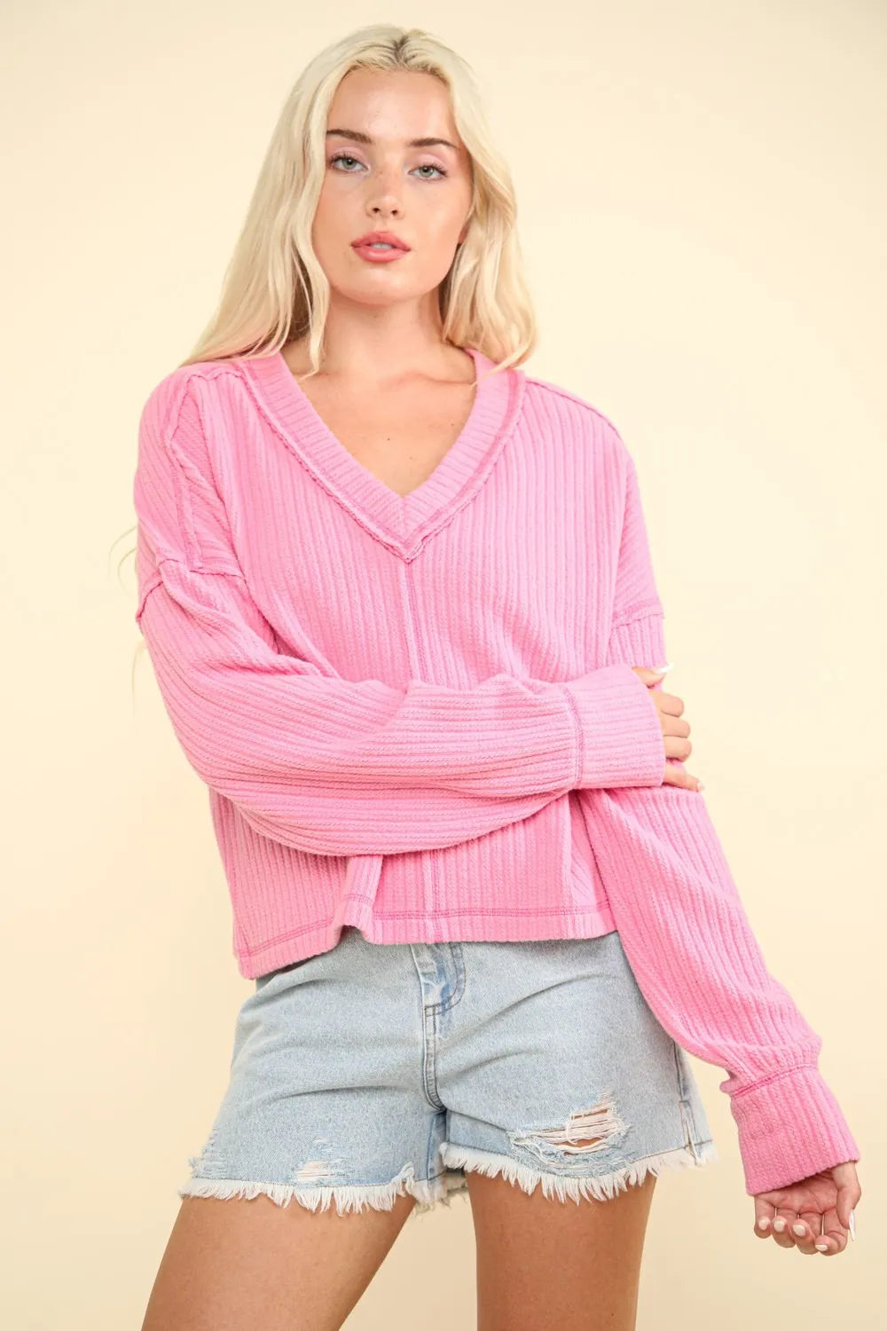 VERY J Exposed Seam V-Neck Ribbed Knit Top - Farnelli