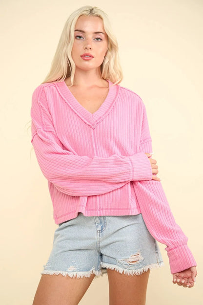 VERY J Exposed Seam V-Neck Ribbed Knit Top - Farnelli