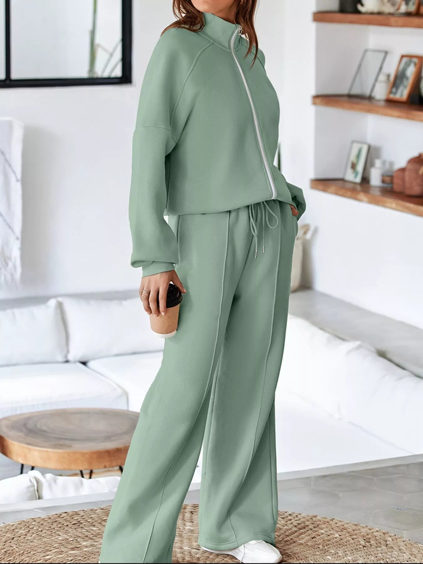 Drop Shoulder Zip Up Jacket and Drawstring Pants Active 2pcs Set - Farnelli
