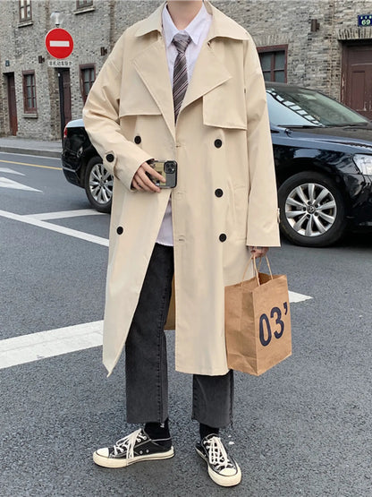 Men's Collared Neck Long Sleeve Double-Breasted Trench Coat - Farnelli