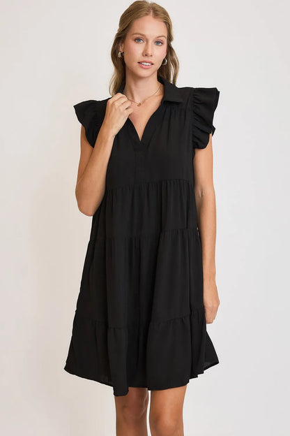 Umgee Full Size Johnny Collar Ruffle Cap Sleeve Tiered Dress Plus Size - Farnelli