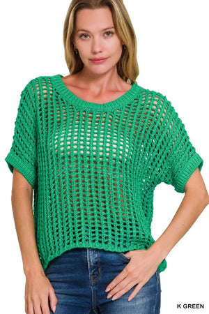 Zenana Fish Net Short Sleeve Crochet Knit Cover Up - Farnelli