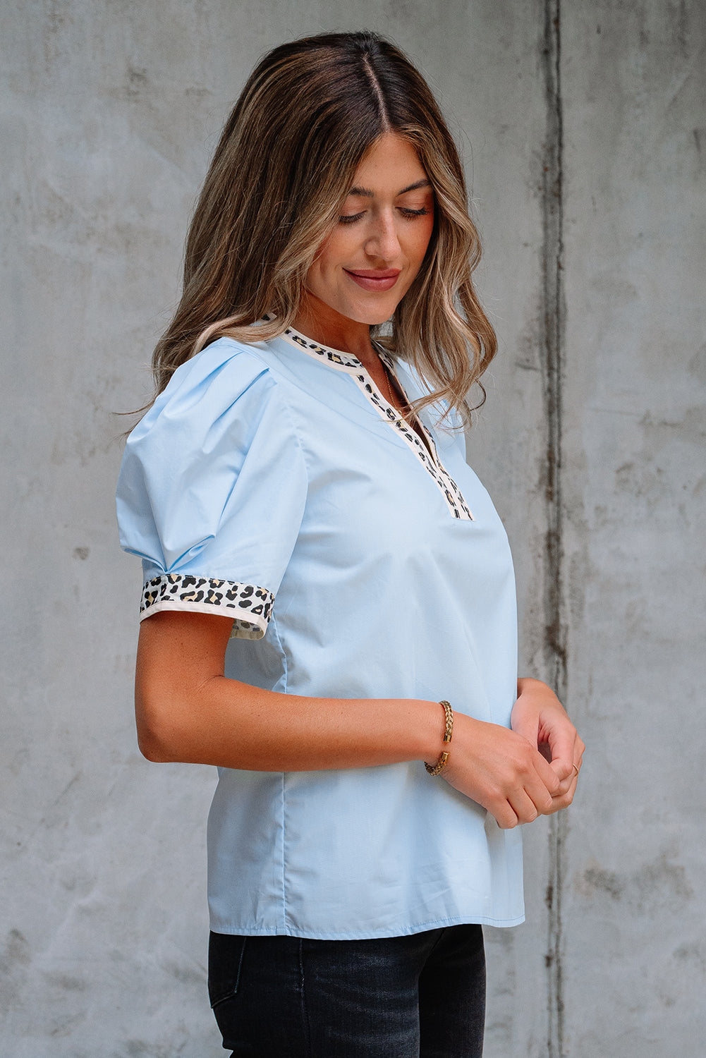 Mila Contrast Leopard Trim Split Neck Puff Sleeve Blouse - Farnelli