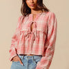 SO ME Front Tie Checkered Plaid Blouse - PINK COMBO