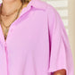 Zenana Texture Button Up Short Sleeve High-Low Shirt - Farnelli