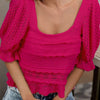 BiBi Square Neckline with Puff Sleeve Crochet Top - FUCHSIA
