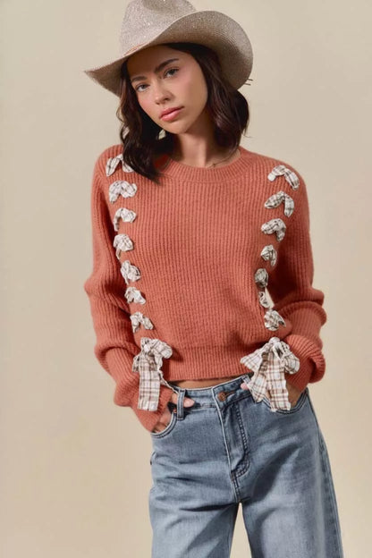 SO ME Checkered Plaid Tape Lace Up Ribbed Sweater - Farnelli