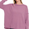 Zenana Ribbed Drop Shoulder Round Neck Sweater - MAUVE