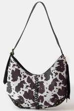 Fame Cow Print Hobo Shoulder Bag with Studded Details - Farnelli