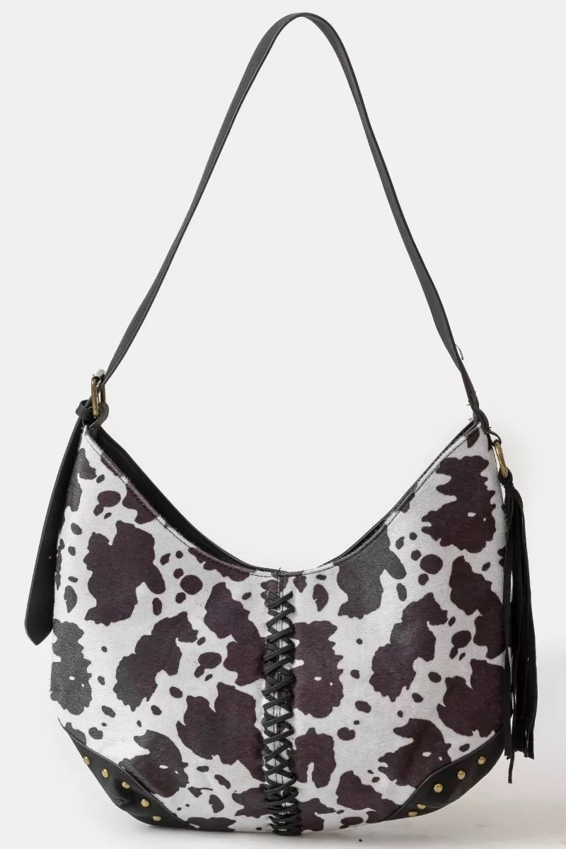 Fame Cow Print Hobo Shoulder Bag with Studded Details - Farnelli