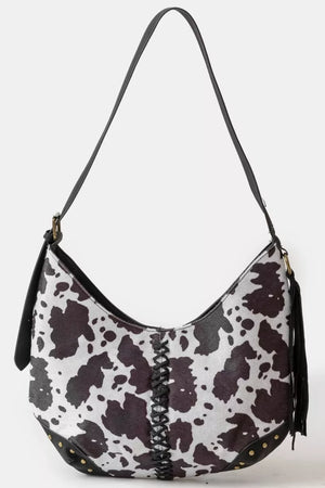 Fame Cow Print Hobo Shoulder Bag with Studded Details - Farnelli