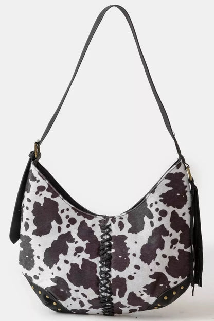 Fame Cow Print Hobo Shoulder Bag with Studded Details - Farnelli