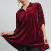Umgee Pearl Detail Collared Neck Velvet Babydoll Blouse - Burgundy