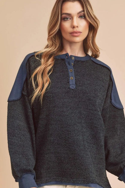 Aemi + Co Side Slit Button Detail Contrast Shoulder Sweatshirt - Farnelli