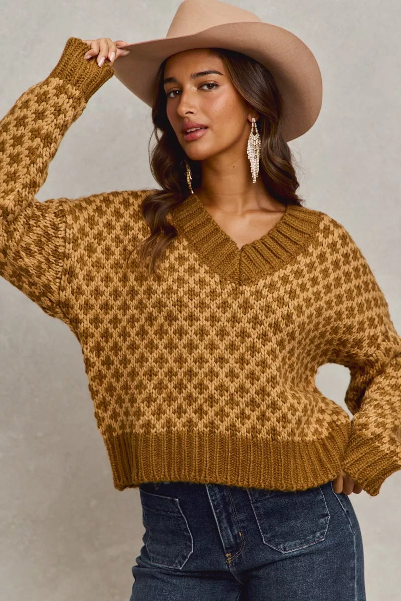 SO ME Color Block Textured Christmas Sweater V Neck Top - Farnelli